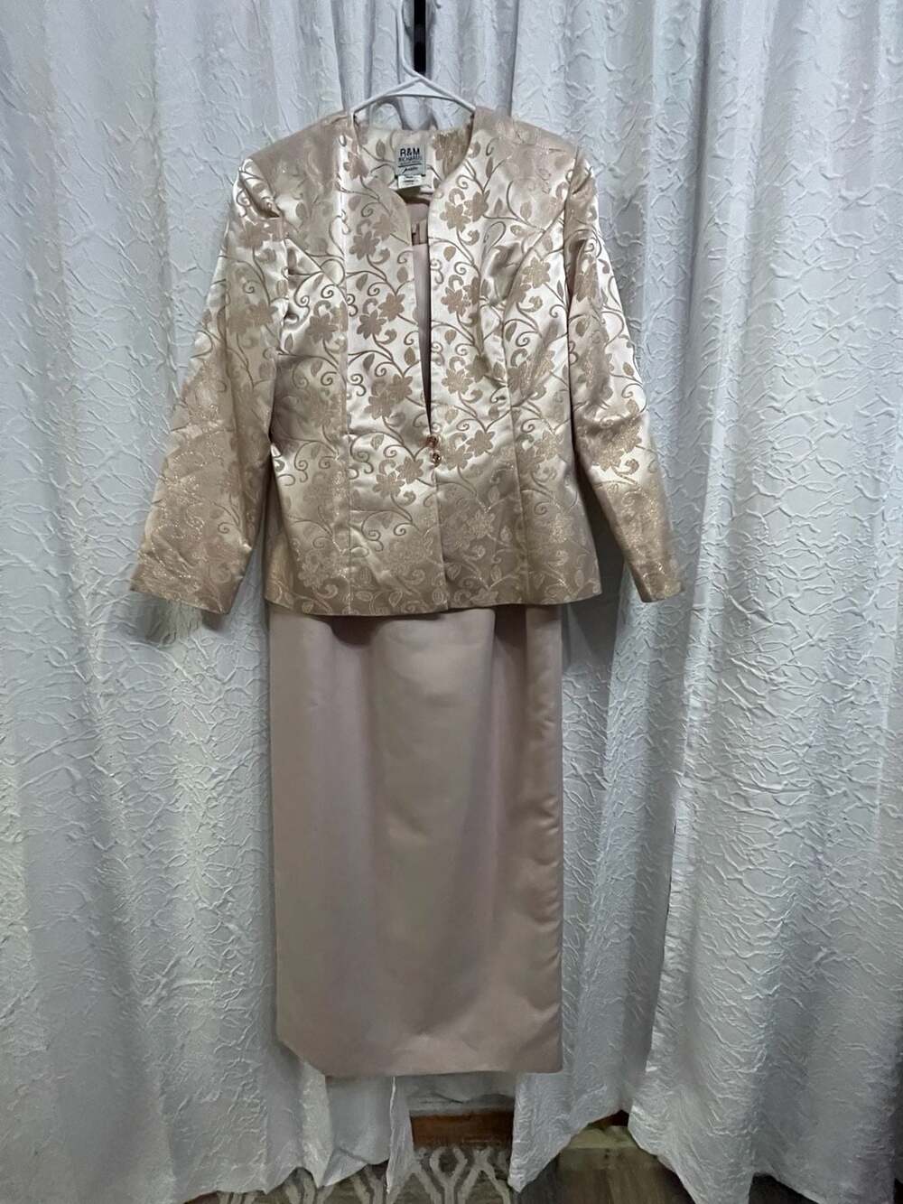 R&M Richards Dress And Jacket Set Size 16P Pink Floral Brocade Petite Vintage